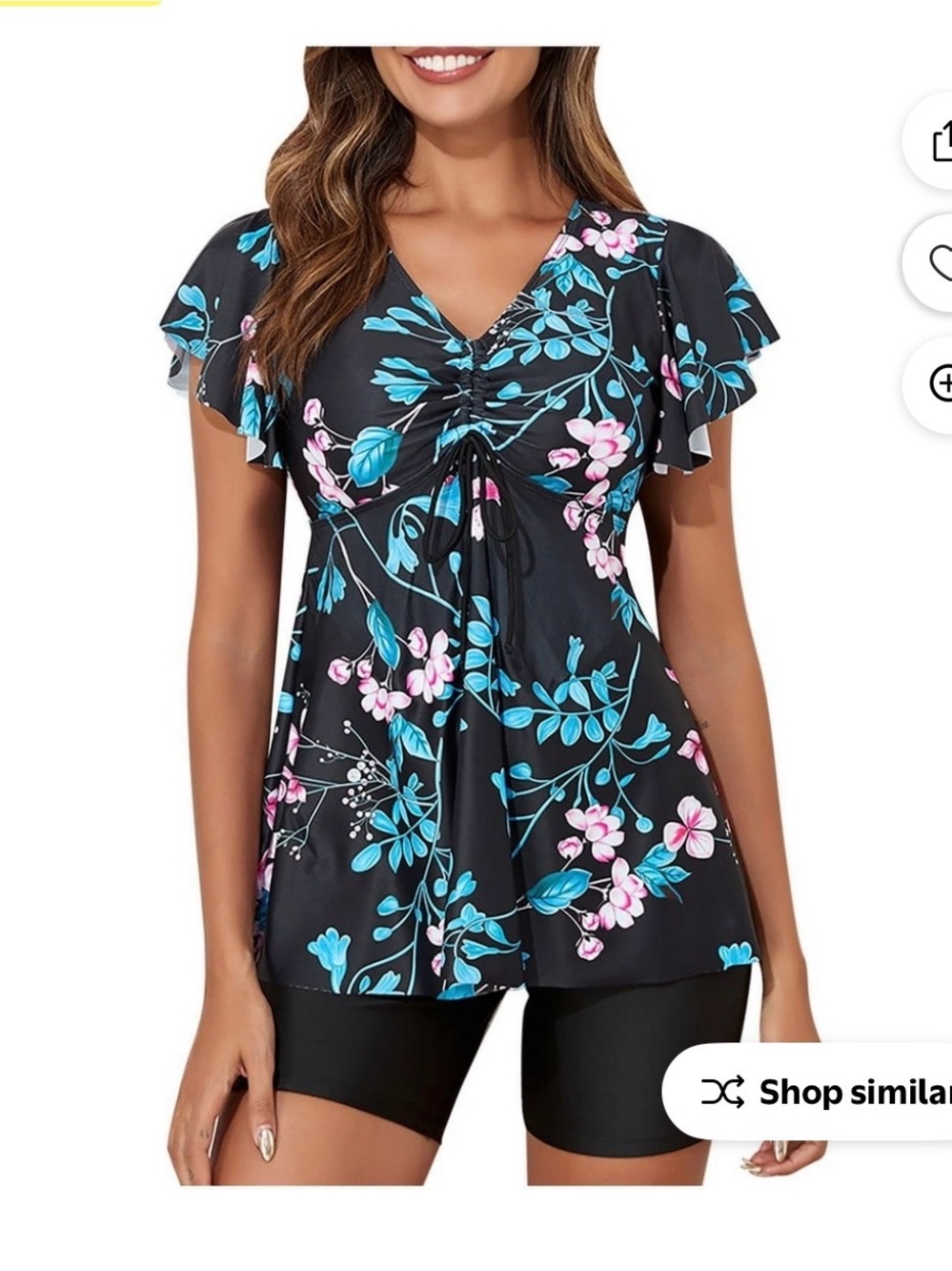 Black Floral Ruched V-Neck Swing Tunic - swimwear with shorts